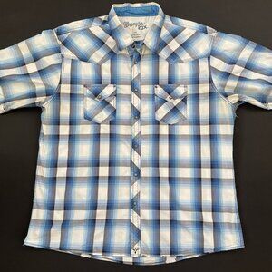 Wrangler 20X Men’s XXL Short Sleeve Pearl Snap Blue Black Plaid Button Up Shirt